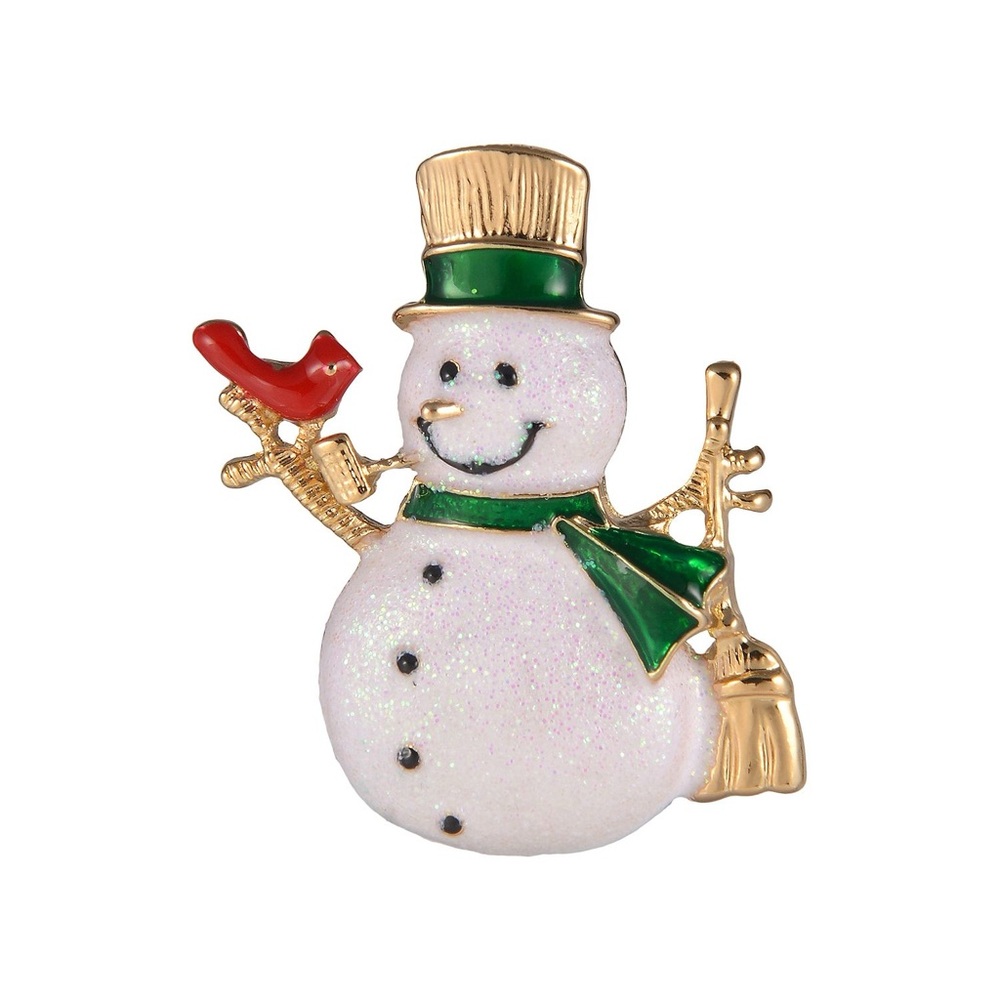 Gold Tone Glitter Enamel Snowman and Red Cardinal Winter Christmas Pin (NWT)